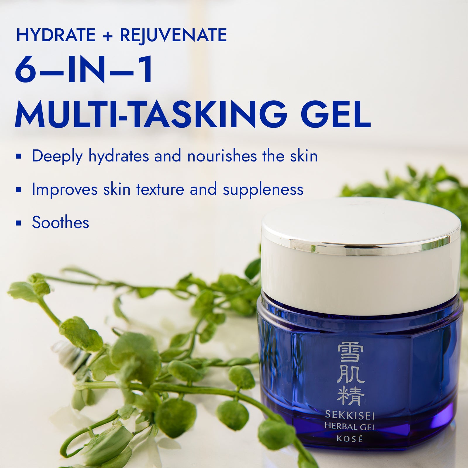 Hydrate + Rejuvenate - 6-in-1 Multi-tasking gel - Deeply hydrates and nourishes the skin - Improves skin texture and suppleness - Soothes