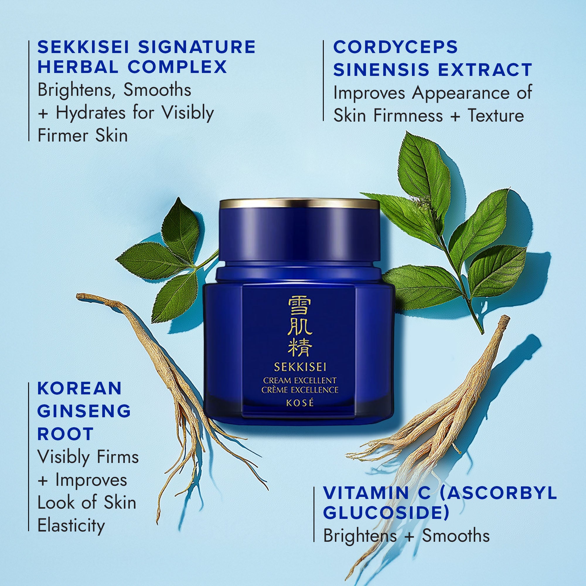 key ingredients for SEKKISEI Cream Excellent: SEKKISEI signature herbal complex, cordyceps sinensis extract, Korean ginseng root, vitamin C