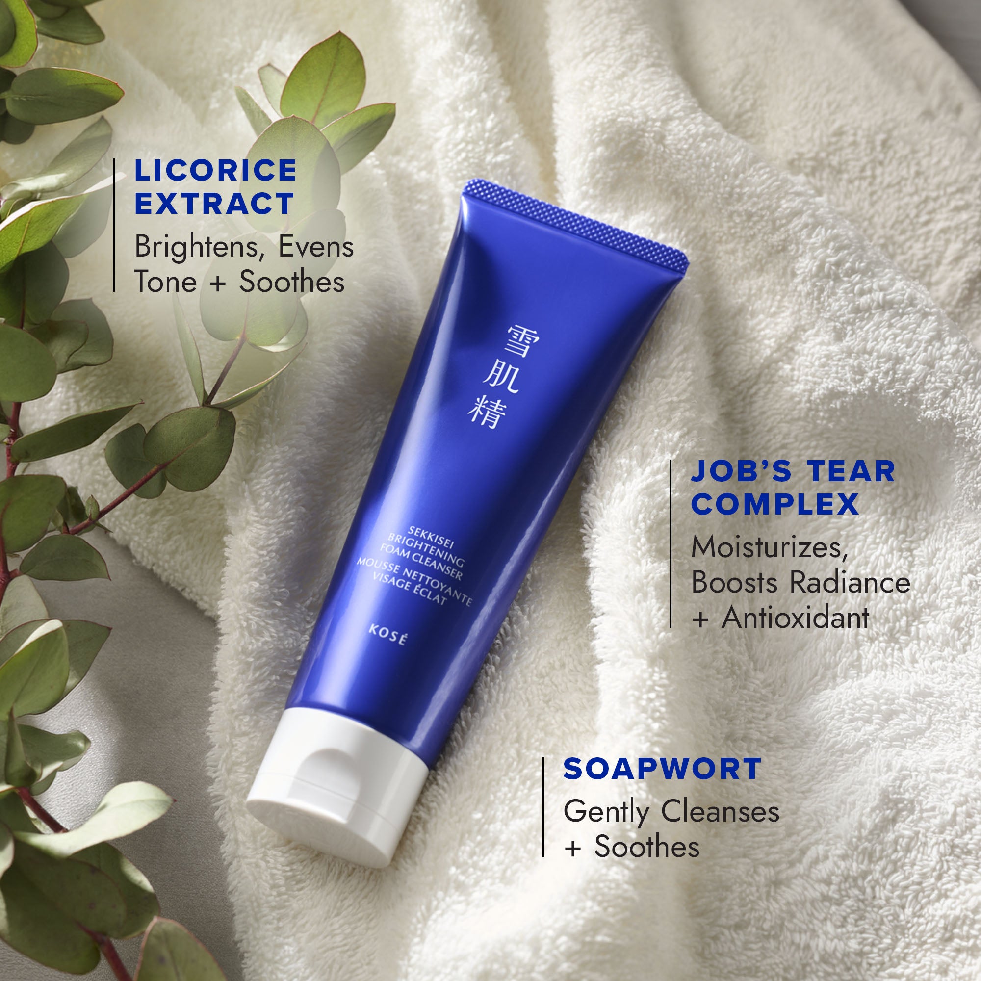 Key ingredients include: Licorice Extract (Brightens, evens tone, and soothes), Job’s Tear Complex  
(Moisturizes, boosts radiance, and provides antioxidant benefits), Soapwort (Gently cleanses and soothes)