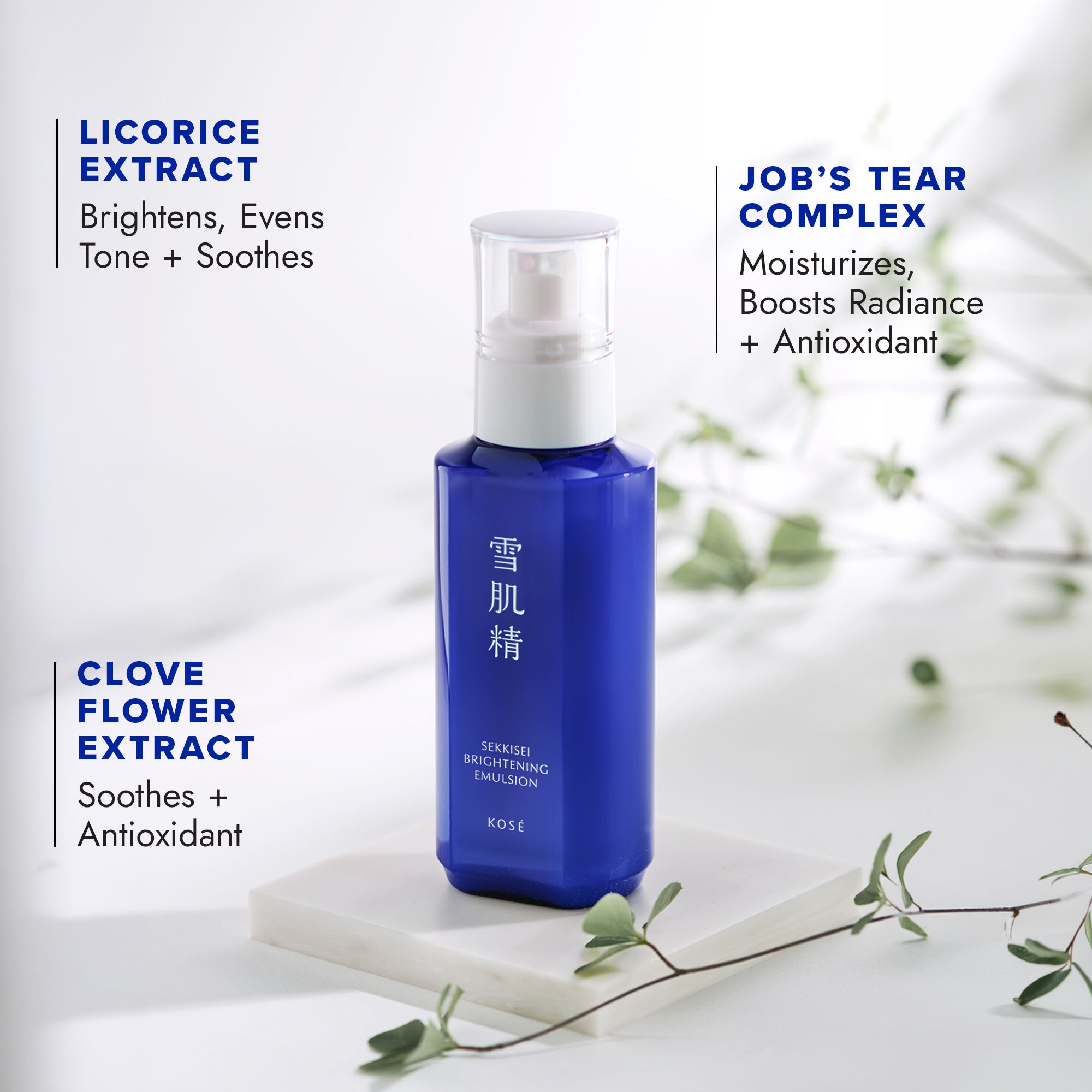 Key ingredients include: LICORICE EXTRACT (Brightens, evens tone + soothes), JOB’S TEAR COMPLEX (Moisturizes, boosts radiance + antioxidant), CLOVE FLOWER EXTRACT (Soothes + antioxidant)