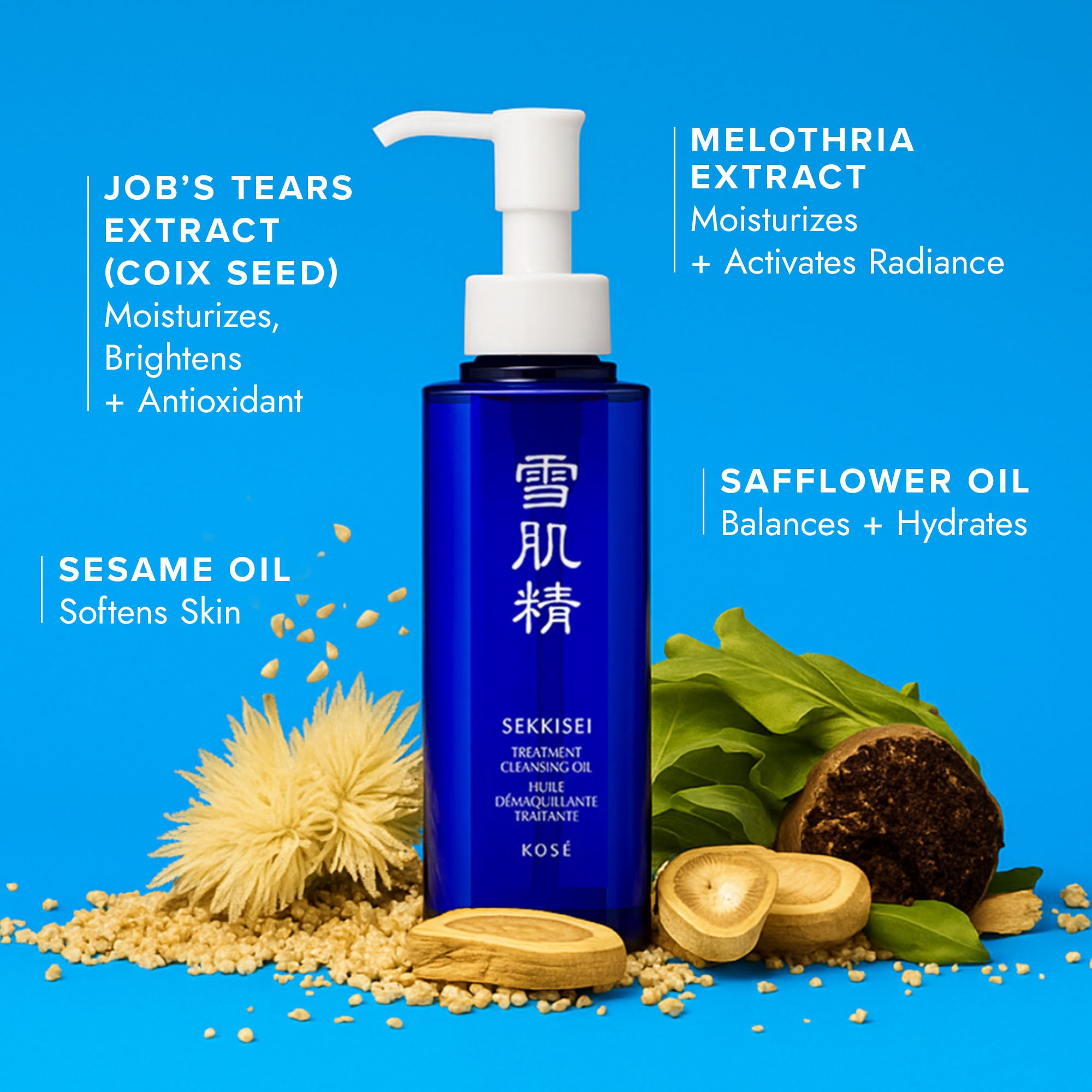 key ingredients for SEKKISEI Treatment Cleansing Oil: job's tears extract (coix seed), melothria extract, sesame oil, safflower oil