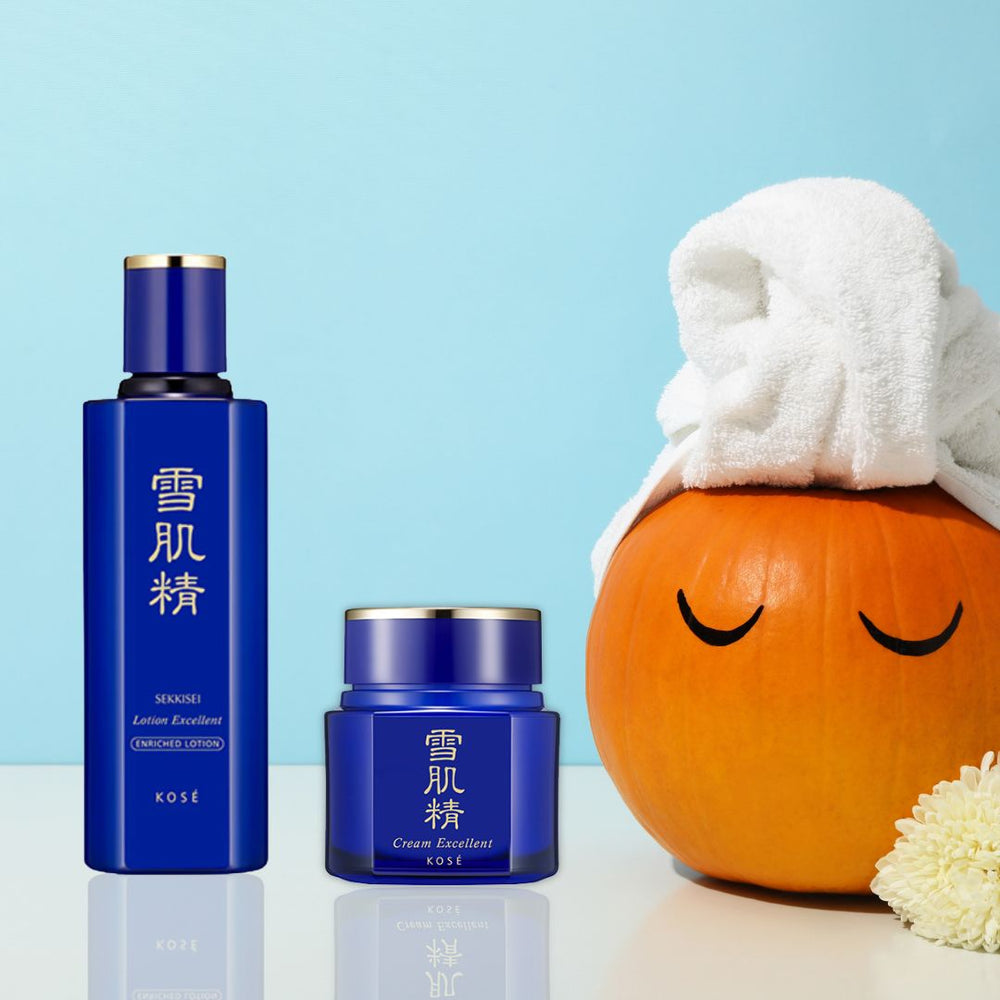 SEKKISEI skincare products with a pumpkin and towel